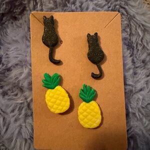 Pineapple and Cat Handmade Polymer Clay Earrings